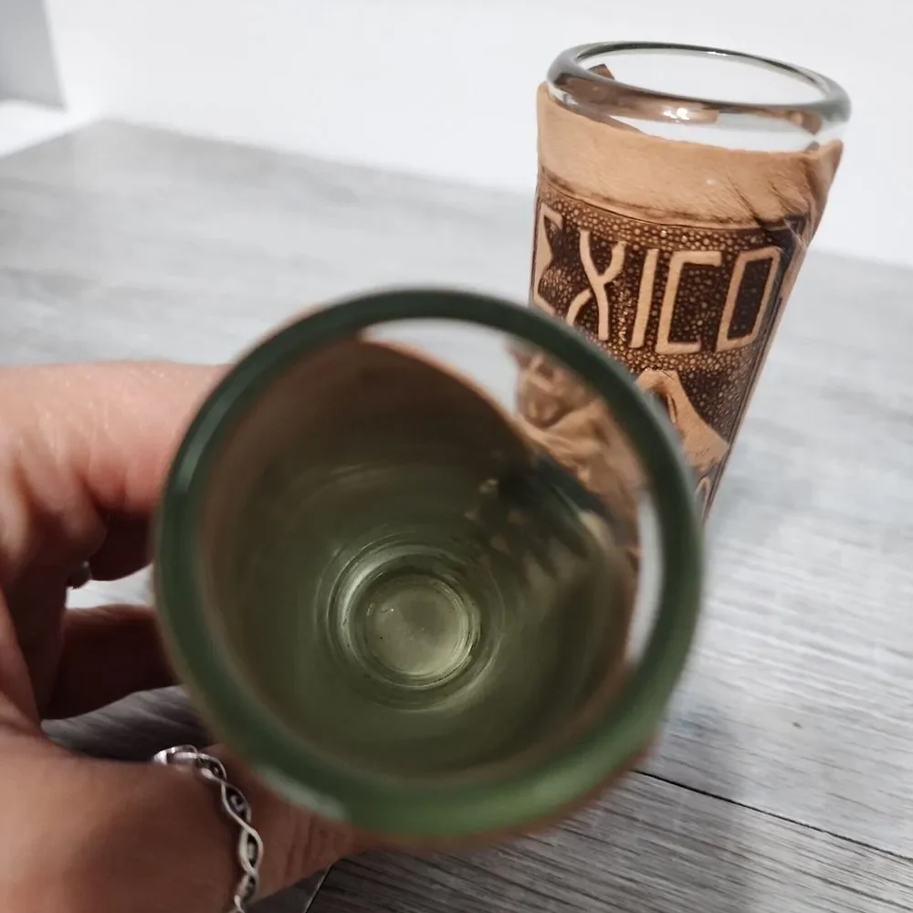Mexico Tooled Leather Shot Glass‎ Travel Souvenir Set Of 2